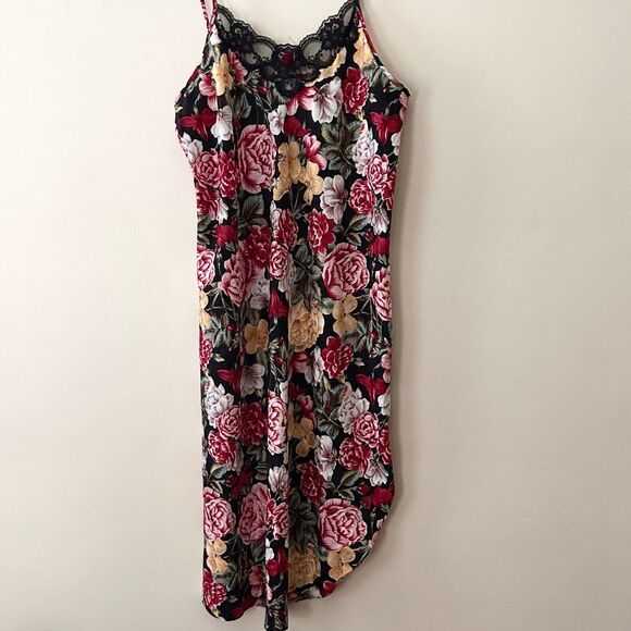 VTG 90s Floral Slip Dress Satin & Lace Red Pink Roses Asymmetrical Inner Most L - Picture 5 of 9